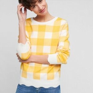 Moth Anthropologie Yellow Classic Check Sweater w/ Scalloped Hem Womens XS